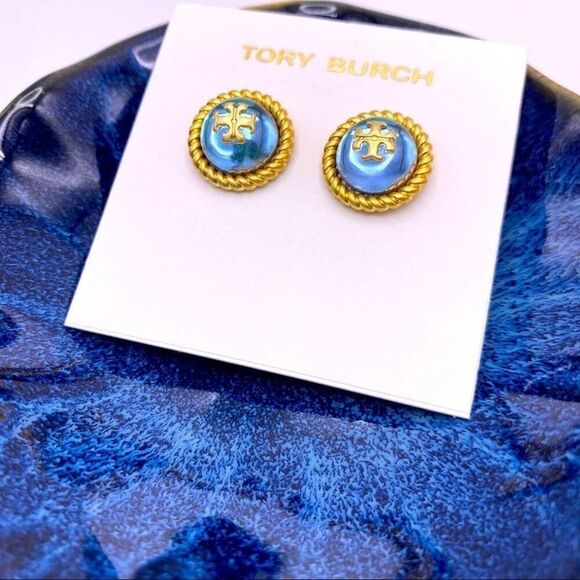 NWOT Tory Burch Gold Logo Light Blue Iridescent Stud Earrings - Picture 6 of 8